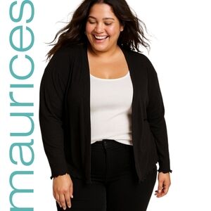 Maurices Black Semi Sheer Lightweight Long Sleeve Open Cardigan Ruffle Trim
